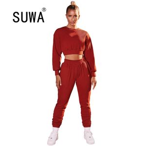 Mulheres Fashion Street 2 Peças Definir Outono Inverno Full Manga Drawstring Curto Top Hoodies Sólida Casual Calças Elásticas Roupa 210525