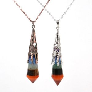 Big Natural Chakras Colar de Pedra Arco-íris Hexagonal Camadas 7 Chakra Pendulum Cristal Pingente Colares Health Healing Amulet