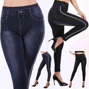 Imitação leggings jeans lateral listrado mulheres simulado calças de bolso slim jeggings senhoras denim skinny calças plus tamanho 210925