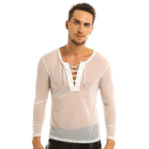 Homens Lace Up Malha Ver através de Manga Longa T-shirt Top Sexy Club Wear Trajes Undershirts Sheer Fishnet Tops Transparentes Tees T-Shirts