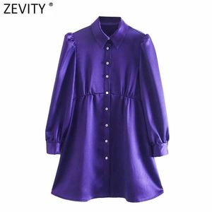 Zevity Women Vintage Diamond Buttons Solid Soft Mini Dress Femme Pleats Puff Sleeve Casual A Line Vestido Shirt Dresses DS4822 210603