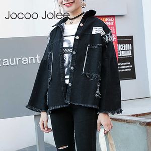 JOCOO JOLEE Kadınlar Sonbahar Moda Yama Siyah Denim Ceketler BF Stil Harajuku Gevşek Jean Palto Casual Kore Streetwear Paltolar 210619