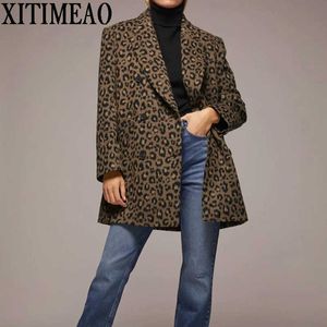 ZA秋ビンテージダブルブレストオフィスLeopardプリントブレザーロングスリーブルースレトロスーツコートジャケット女性ブレザー女性210602