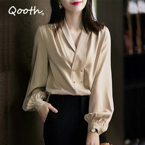 Qooth Bahar kadın Çok Boyutlu Gömlek Avrupa Tasarım Şık Gömlek Tüm Maç Kruvaze Ofis Bayan Gömlek Üstleri QT552 210518