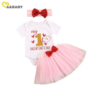 0-2Y Il mio primo giorno di San Valentino Baby Girl Abiti nati Infant Lettera Cuore Pagliaccetto Tutu Gonne Vestiti Set 210515