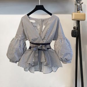 Women Fashion Korean Style Summer Bow V-neck Striped Shirt Elegant Ladies Lantern Sleeve Blouse Shirt Tops Female Clothing 210518