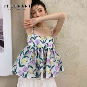 Floral Impressão Cami Top Mulheres Backless Ruffle Spaghetti Strap Tube Moda Cute Peplum Coreano 210427