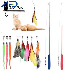 11 PCS Replacement Cat Feather Toy Set Toys Funny Cat Stick with Bell Feather Toy Interactive Cat Play Toy drop 210929