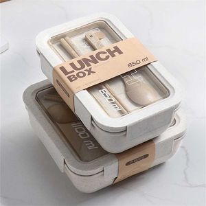1100ml Hälsosam Material Lunchkasse Vete Halm Japansk stil Bento Boxes Mikrovågsugn Drev Livsmedelsförvaring Container 211104