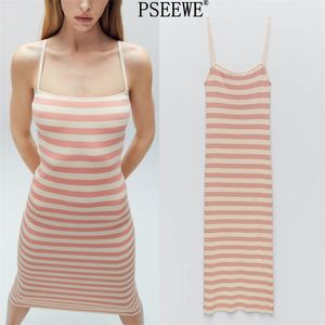 Striped Ribbed Knit Midi Dress Woman Sleeveless Spaghetti Strap Sexy Dresses Women Casual Beach Summer 210519