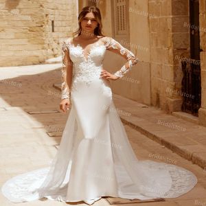 Chic Sereia Vestidos De Noiva com Destacável Overskirt Ilusão Backless Manga Longa Muslim Noiva Bohemian Vestido Bridal Brilhamento Tulle Trem Satin Robe Mariee