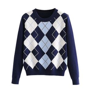 Женщины свитер пуловер мода осень в форме алмазов решетка женская милая британский стиль топ 210914