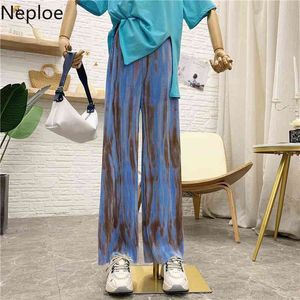 NEPLOE PLATED WIDE LEG PANTS KVINNA KOREAN FASHION Elastic High Waist Trousers Wild Streetwear Vintage Tie-Dye Casual Pantalon 210422