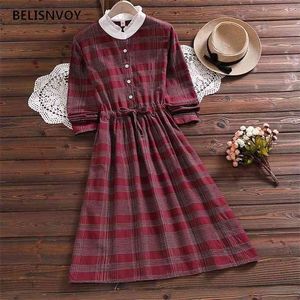 Women Dress Plaid A-line Cotton Linen Autumn Casual Long Sleeve Lace Patchwork Stand Collar Female Verano Elegant 210520