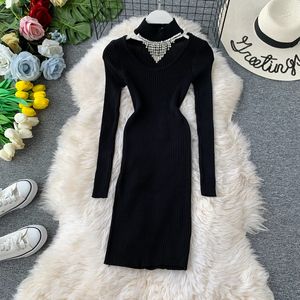 Autumn new design women's halter neck knitted long sleeve rhinestone patchwork sexy bodycon tunic sweater dress