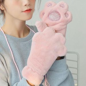 Fünf-Finger-Handschuhe für Damen, niedliche Katzenklaue, Plüsch-Fäustlinge, warm, weich, kurz, fingerlos, flauschiger Bär, rosa Kostüm, halber Finger, Party-Geschenk