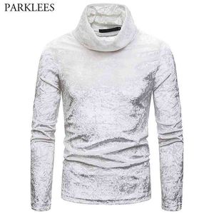 Vit Velour T-shirt med hög krage Märke Märke Slim Fit Långärmad Turtleneck Velvet Tee Shirt Homme Hip Hop Swag Top Tees 210522