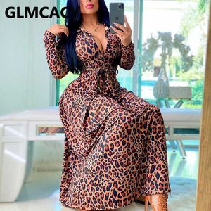 Women Long Sleeve Chic Leopard Maxi Dress Slim A Line Party Club Long Dresses 210702