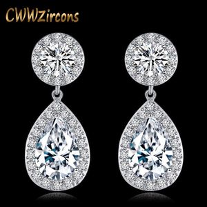 Luxury Brand Wedding Jewelry Water Drop Sparkling Cubic Zirconia White Gold Color Long Dangle Earring for Women CZ059 210714