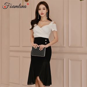 Elegante Frauen Sommerkleid Sexy V-Ausschnitt Kalte Schulter Kurzarm Farbblock Chiffon Patchwork Casual Work Party Kleider 210603