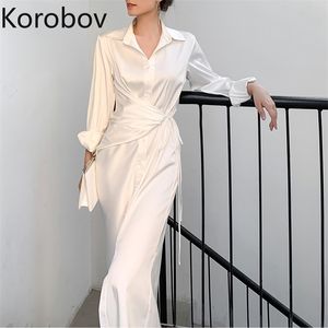 Korobov Vintage Zarif Beyaz Ipek Elbise Kore Turn-down Yaka Uzun Kollu Bağcık İnce Elbiseler İlkbahar Sonbahar Robe Femme 210430