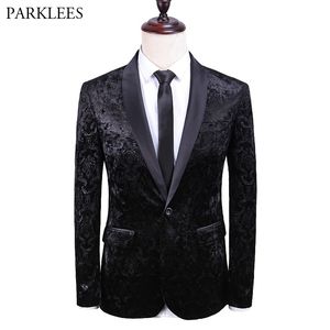 Luksusowa Czarna Aksamitna Sukienka Blazer Mężczyźni Marka One Button Szal Collar Smokedo Kurtka Kurtka Mężczyzna Wedding Party Stage Blazer Masculino 210522