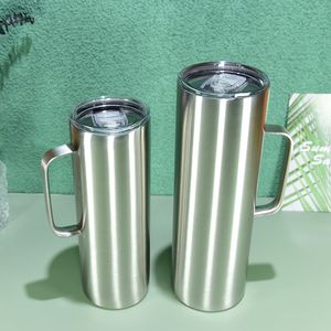 Saplı Düz ​​Tumbler 20 oz 30oz Gümüş Parlak Tumblers Roman Mühürlü Kapak Paslanmaz Çelik Seyahat Kupalar Çift Yalıtımlı Taşınabilir Su Çay İçme Şişeleri
