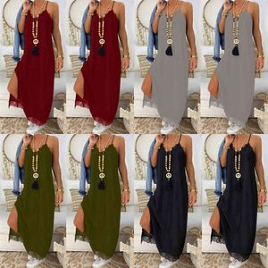 Seksowna czarna koronka patchwork pasek maxi dress v neck bez rękawów boczny split kobiety lato sukienki casual plaża suknia luźna szata femme x0521