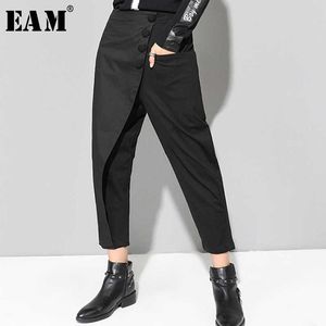 [eam] الربيع الأسود فضفاض عالية الخصر شقة مرونة الخصر النساء الأزياء واسعة الساق الكاحل طول السراويل OA870 210706