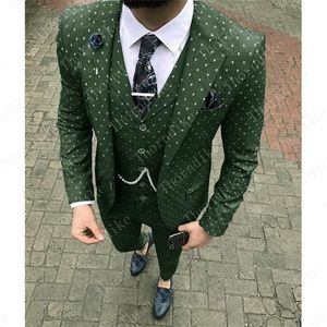 (Blazer + брюки + жилет) Армия Зеленые точки мужской костюм Slim Fit Свадебная одежда Бизнес Мужчины Фиолетовый костюм Элегантный Костюм Mail Homme XS-5XL X0608