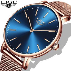 Relogio Feminino LIGE Simple Women Watch Fashion Ladies Wristwatch Casual Grid All Steel Ultra thin Mesh Belt Quartz Clock 210527