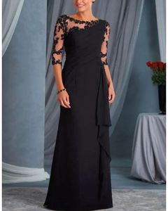 Czarna matka panny młodej Sukienka Plus Rozmiar Bateau Neck Długość podłogi Szyfonowa Lace Illusion Half Sleeve z aplikacjami 2022 Party Gown Vestidos