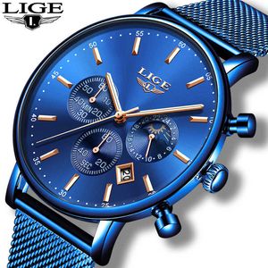 LIGE Mens Watches Top Brand Luxury Fashion Blue Strap Quartz Watch Men Moon Phase Clock Calendar Waterproof Chronograph 210527