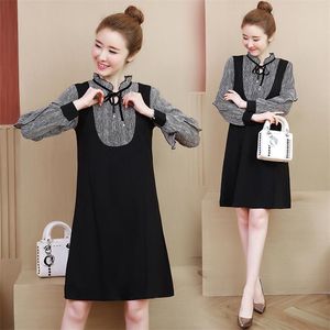 春の秋の女性のドレス韓国風の縞模様の長袖の薄い大きいサイズの女性偽のツーピースES QX906 210507