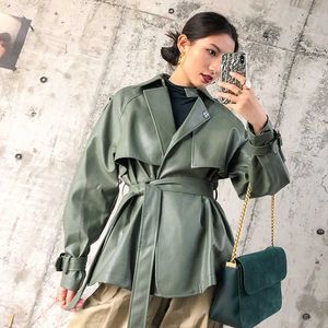 Designer PU Läderjacka Kvinnor Faux Belt Coat Casual Kvinna Streetwear Outwear Jackor Högkvalitativ 210608