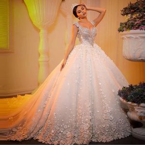 Crystals Beaded Dubai Wedding Gowns Pretty 3D Flowers Pearls Sleeveless Plus Size Sweep Train Saudi Arabia Bridal Dress