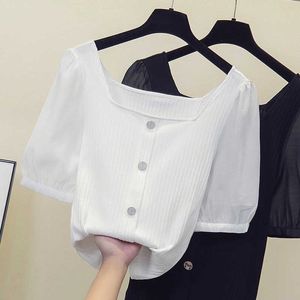 Tees T shirt Women Clothes Cotton Korean T-Shirt Tassel Beaded Summer Tops Short Sleeve V-Neck Y2K Shirt Black White 210604