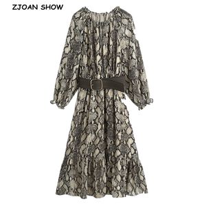 Elegant Animal Snake Print With Belt Chiffon Long sleeve Dress Woman Ruffles Wood ears O neck Midi Tea Dresses 210429