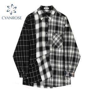 Oversized Plaid Patchwork Blouses Vintage Streetwear Boyfriend Shirt For Ladies Ulzzang Harajuku Long Sleeve Blusas Tops 210721