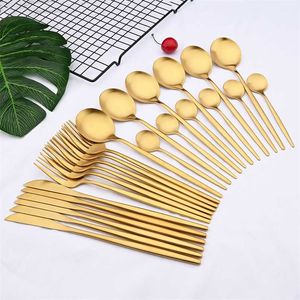 24 SZTUK Gold Matte Obiadowa Zestaw sztućców Zestaw Zestaw Ze Stali Nierdzewnej Zestaw Kolacja Kniffe Fork Spoon Srebra SET Kitchen Tableware 211112 \ t