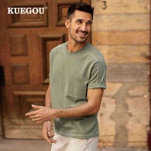 Kuegou 2021 Yaz Pamuk Düz Siyah Beyaz Cep T Gömlek Erkekler Tshirt Marka T-shirt Kısa Kollu Tee Gömlek Moda Giysileri 8960 G1229