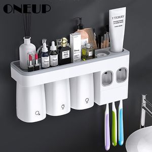 Suporte de escova de dentes multifunções de OneUP com copo automático dentífrico espremedor distribuidor para parede toalete acessórios de banheiro conjuntos 210322