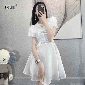 White Elegant Dress For Women O Neck Puff Short Sleeve High Waist Patchwork Bowknot Mini Dresses Female Summer Clothing 210531