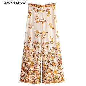 BOHO Yellow Grass Flower print Wide Leg Pants Cotton Hippie Woman Holiday High Waist Loose Full length Trousers Casual 210429