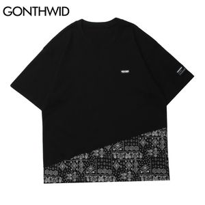 Hip Hop Tshirts Streetwear Bandana Paisley Pattern Patchwork Kortärmad T-shirts Sommar Fashion Casual Cotton Tops 210602