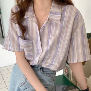 2韓国風のカラフルなストライプ半袖ブラウスの女性のシャツカーディガンルーズン夏のトップス（x1927）210508