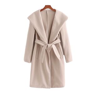 Casual Woman Oversized Sashes Hooded Woolen Coat Fashion Ladies Höst Loose Camel Outwear Kvinna Elegant Varm Jacka 210515