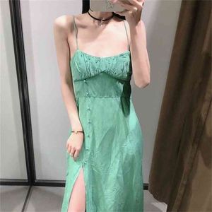 Women Solid Green Backless Midi Dress Strap Adjust Sleeveless Fashion Lady Dresses Vestido 210529