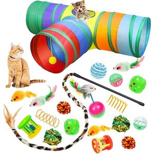 Cat Toys 20 PCS kiti çökebilir tünel 3 delik kapalı yavru kedi tüy teaser asa fareleri toplar çan evcil hayvan dişleri temiz eğlence kanalı