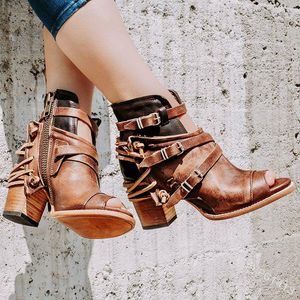 Boots Women Ankle Peep Toe Booties Shoes High Heels Pump Chaussure Vintage PU Leather Gladiator Woman Zapatos Mujer Sapato